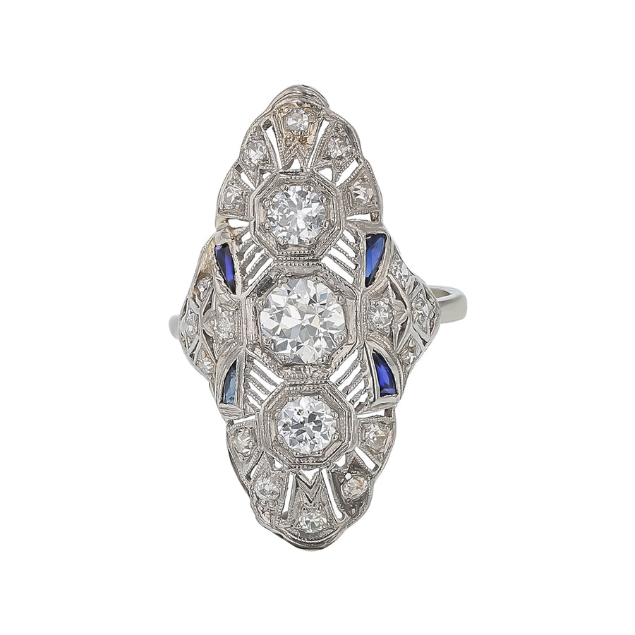Art Deco 0.65ct Old European Cut Diamond and 1.20ct Diamond Ring in Platinum and 14K White Circa 1930's, size 7