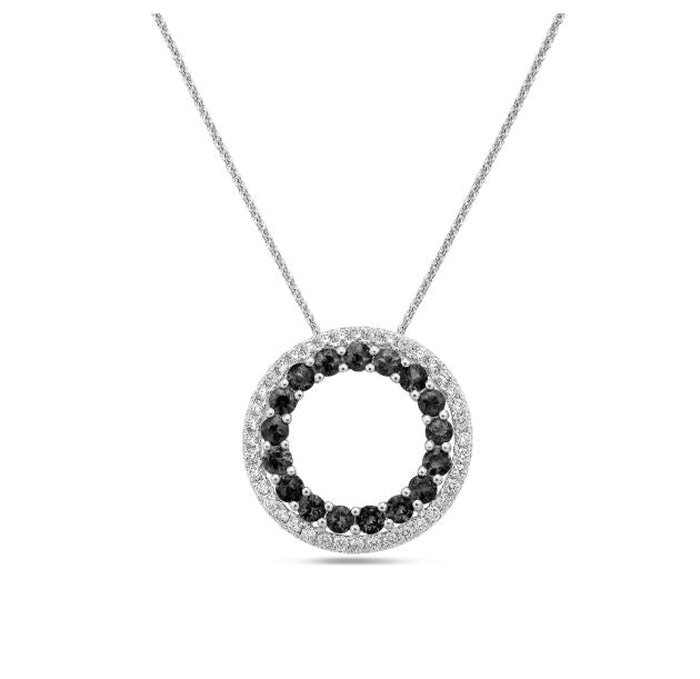Circle of Life 1.44ct Black Diamond and 0.47ct Diamond Round Pendant in 18K White Gold, 18"