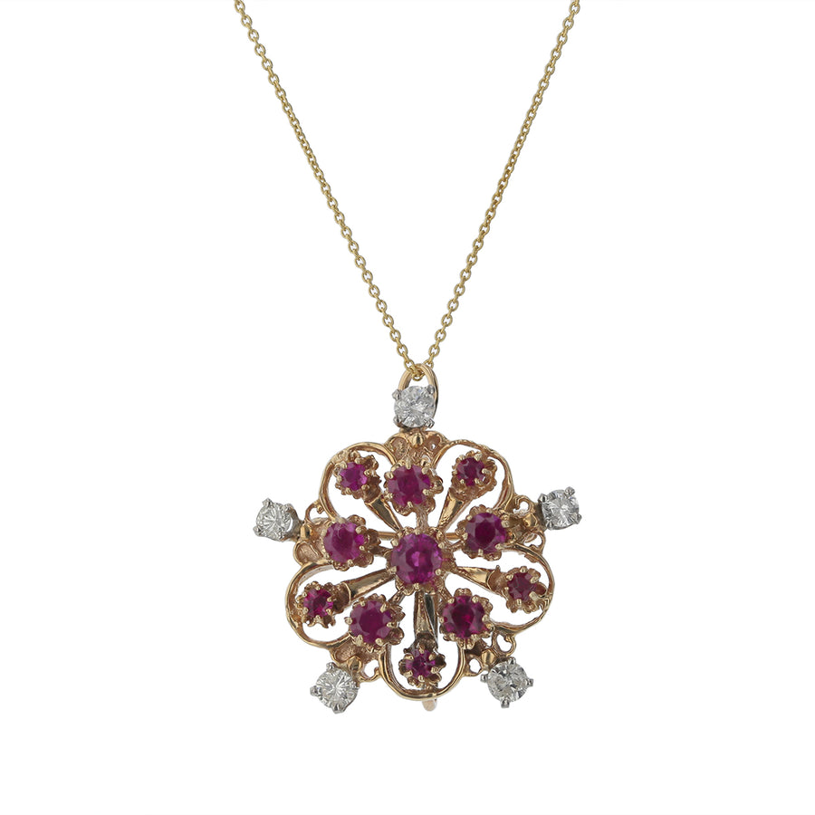 1.75ct Round Ruby and 0.60ct Round Diamond Pendant in 14k Yellow Gold, 16"