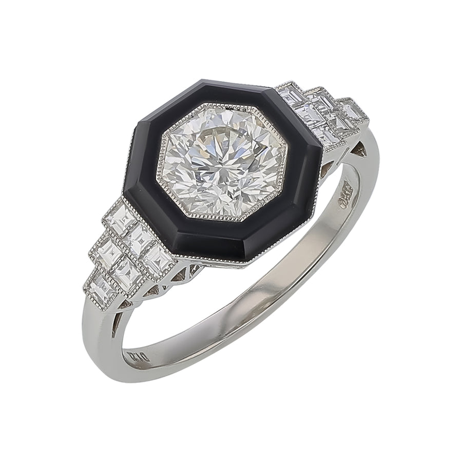 1.22ct Diamond and 0.35ct Black Onyx Hexagon Ring in Platinum, Size 6.5