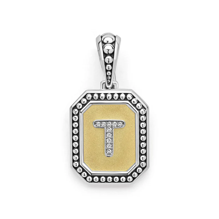 Signature Caviar 0.03ct Diamond Octagon Initial "T" Pendant in 18K Yellow Gold and Sterling Silver, without chain