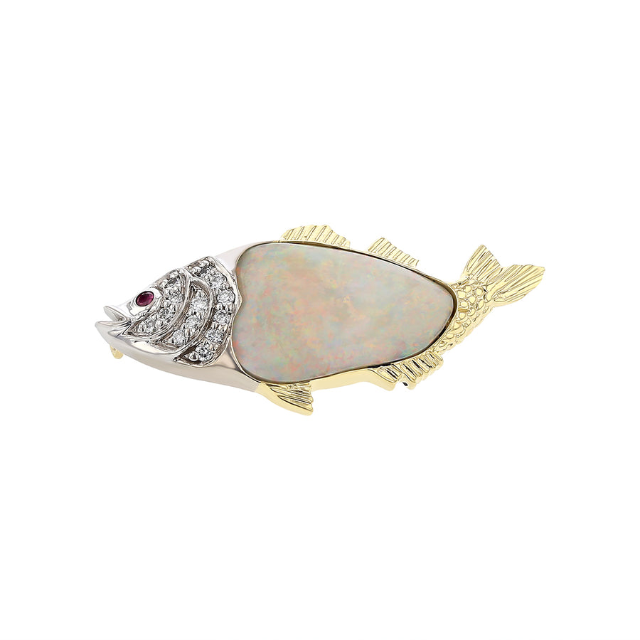 18K Yellow Gold Opal, Diamond and Ruby Fish Pin