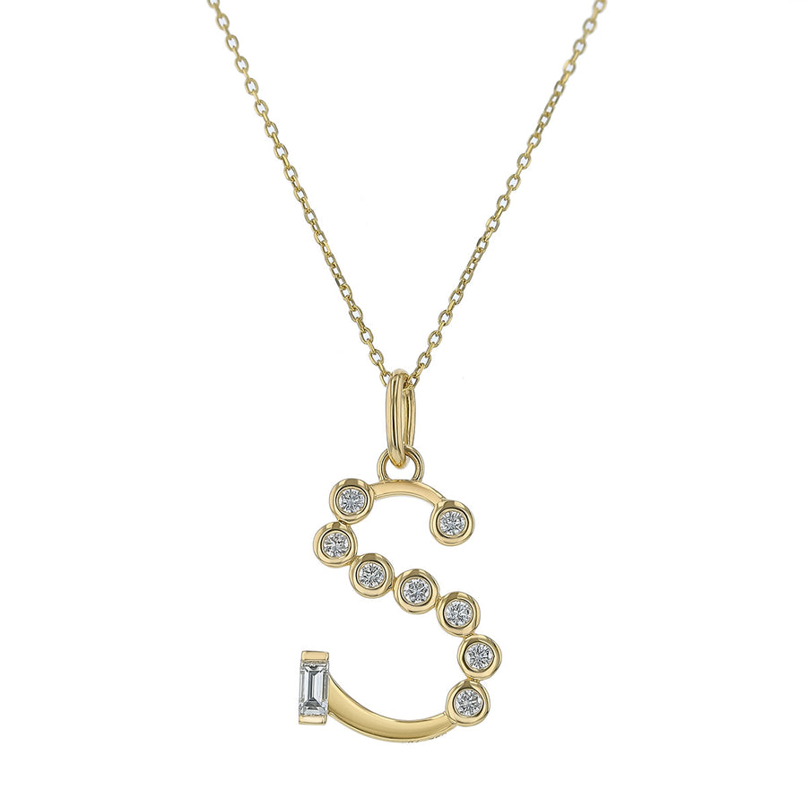 0.39ct Diamond "S" Initial Charm in 18K Yellow Gold, on 16-17" chain