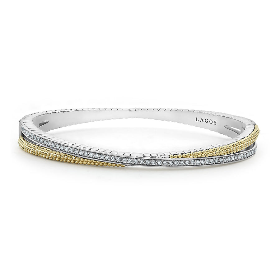 Caviar Lux 0.68ct Diamond Thin X Hinged Bangle Bracelet in 18K Yellow Gold and Sterling Silver, size 7