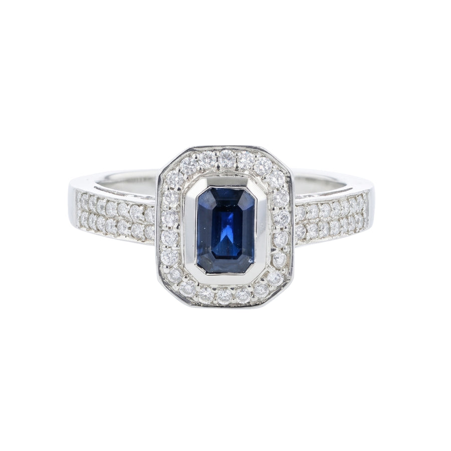 0.75ct Emerald Cut Sapphire and 0.38ct Diamond Halo Ring in 14K White Gold, size 7
