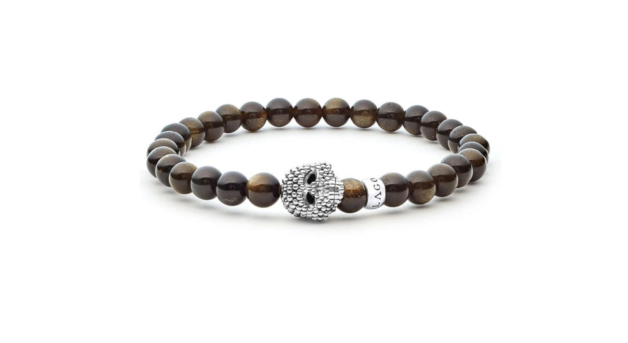 Signature Caviar Anthem Golden Obsidian Skull Stretch Bracelet with Sterling Silver, Size 8