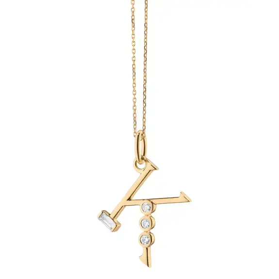 0.39ct Diamond "K" Initial Charm in 18K Yellow Gold, on 16-17" chain