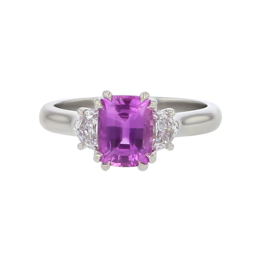 1.64ct Cushion Pink Sapphire DGL and 0.38ct Shield Diamonds Three Stone Ring in Platinum, Size 6