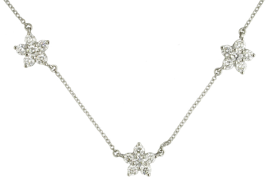 1.09ct Diamond 3 Flower Station Necklace in Platinum, 16"