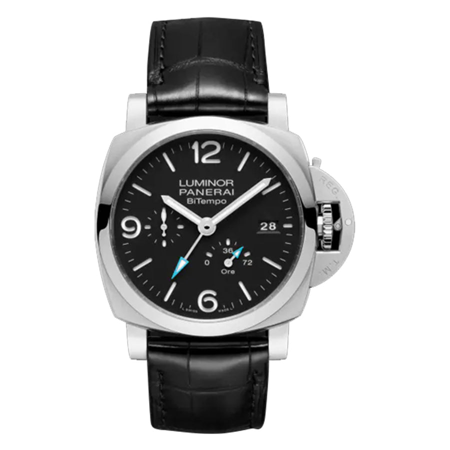 44mm Luminor BiTempo Watch with Black Dial in Stainless Steel, Strap