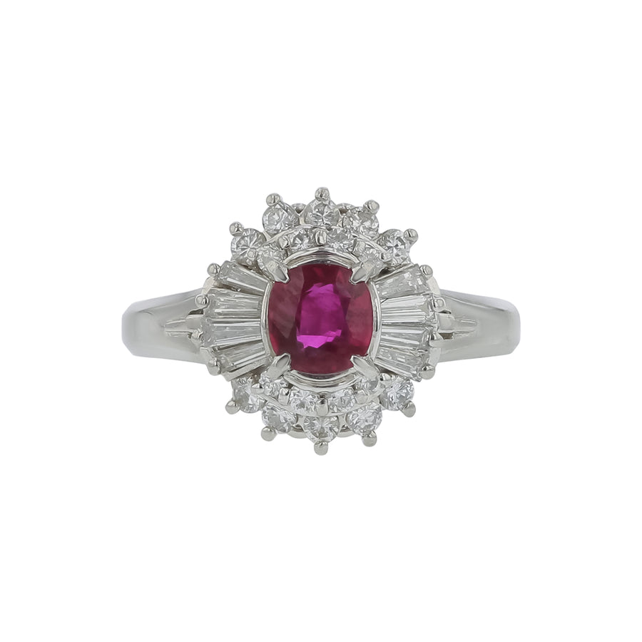 0.64ct Round Ruby and 0.43ct Diamond Halo Ring in Platinum, size 6.75