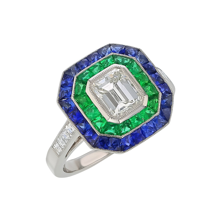 1.23ct Diamond I/VS1, 0.85ct Sapphire and 0.40ct Emerald Double Halo Ring in Platinum, size 6.5