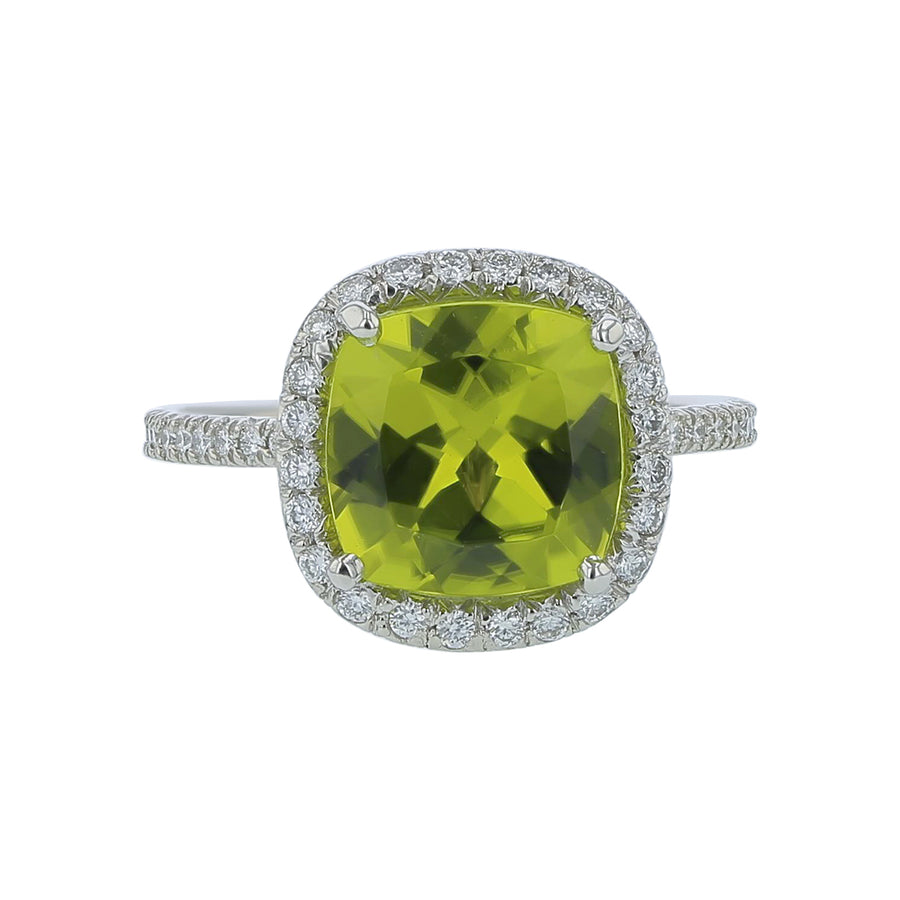 2.94ct Natural Cushion Peridot and 0.47ct Diamond Halo Ring in Platinum, Size 4.5