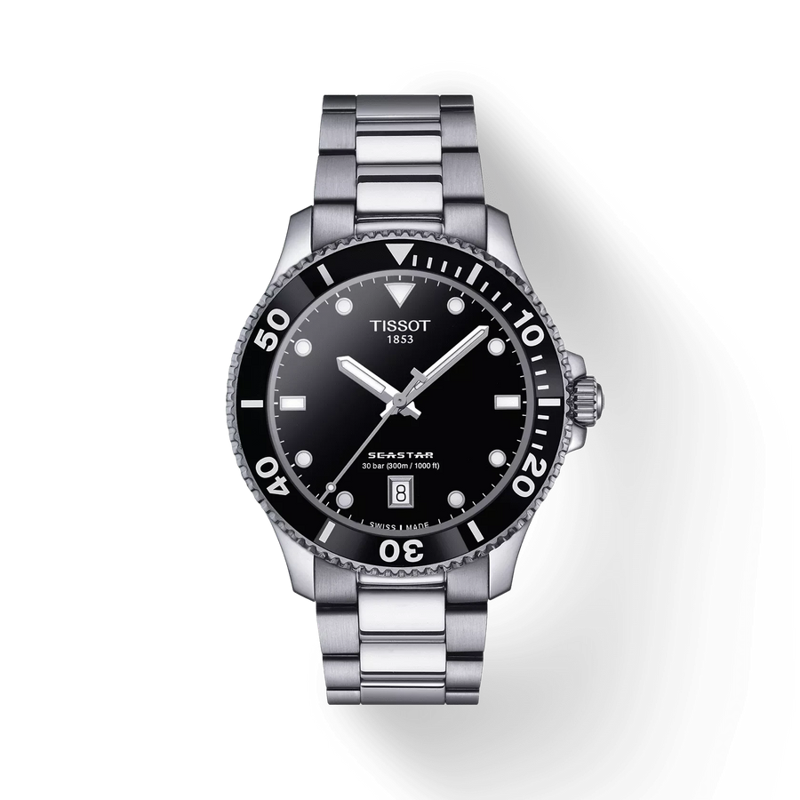 40mm Seastar 1000 Quartz Watch with Black Dial in Stainless Steel, Bracelet