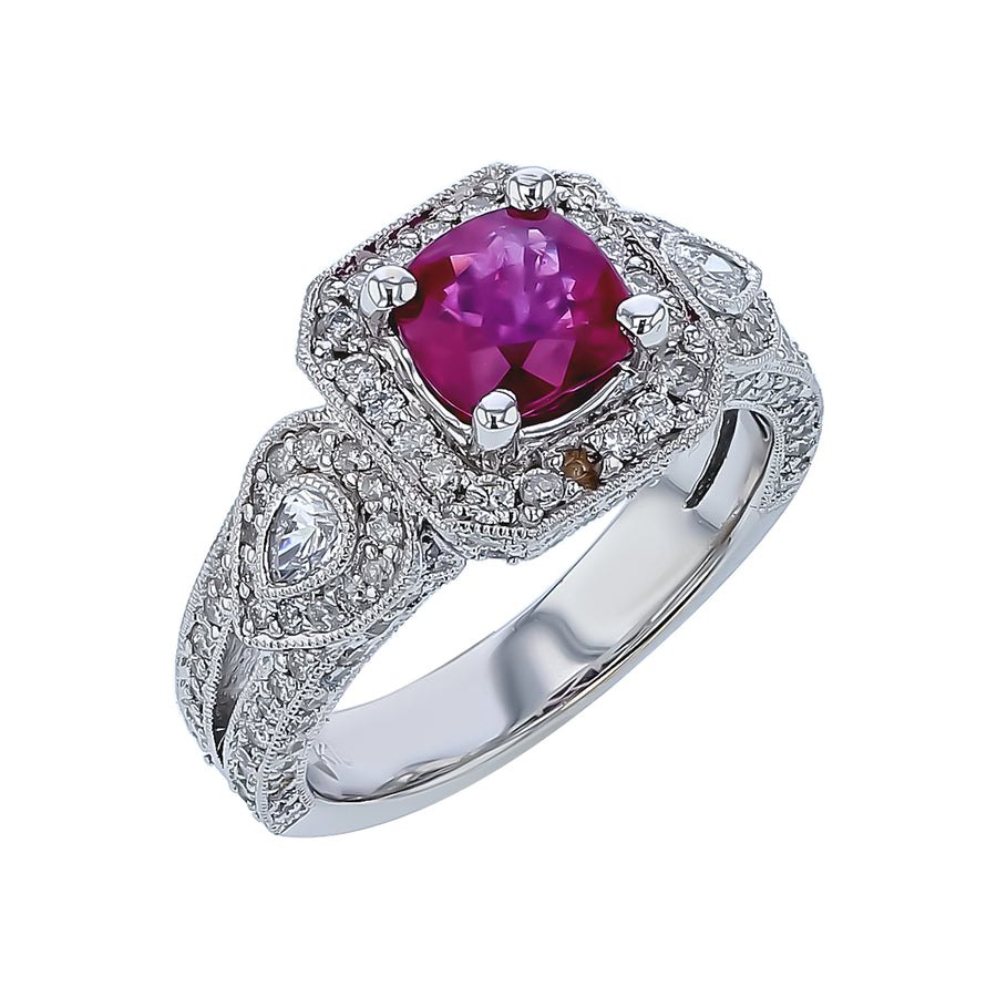 1.18ct Ruby and 1.00ct Diamond Halo Ring in 18K White Gold, size 6