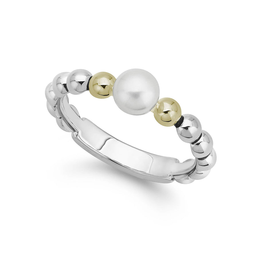 Luna 5mm Pearl 4mm Stackable Ring in 18K Yellow Gold and Sterling Silver, Size 6