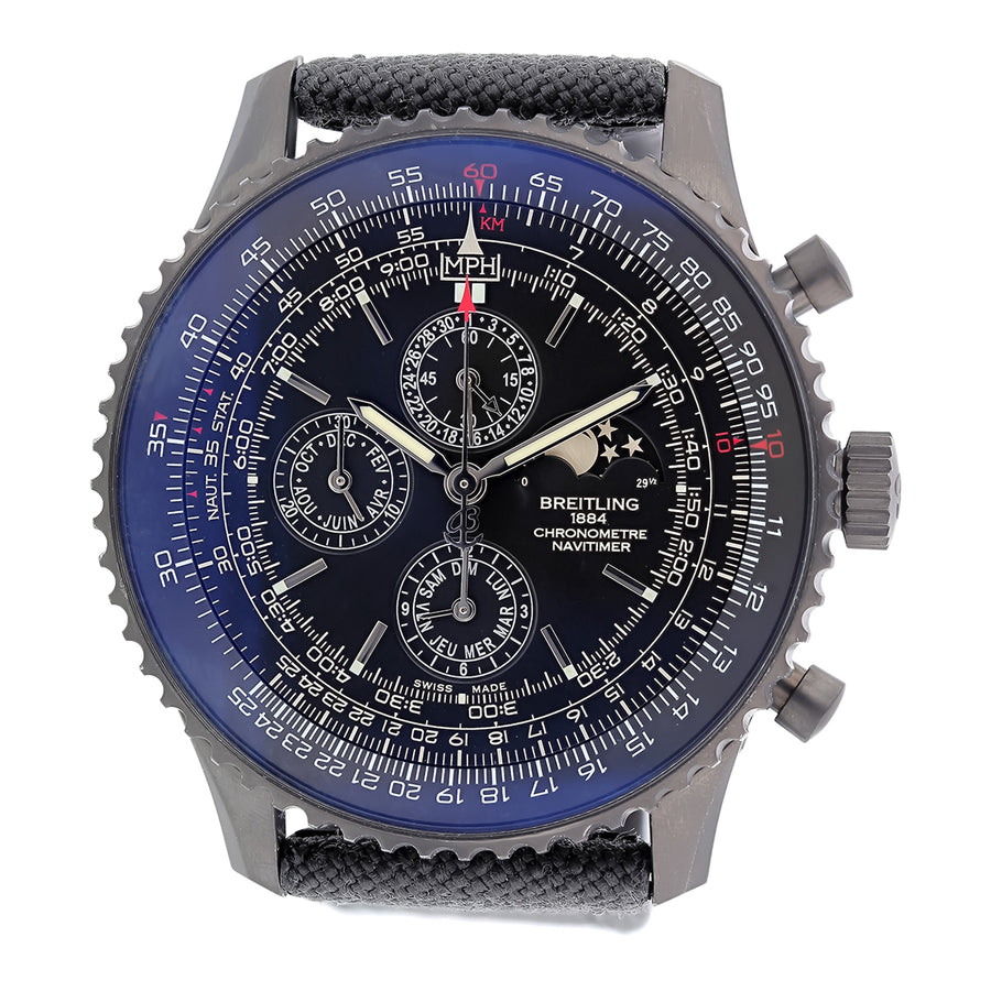 47mm Breitling Navitimer Watch with Black Dial in Stainless Steel, Strap