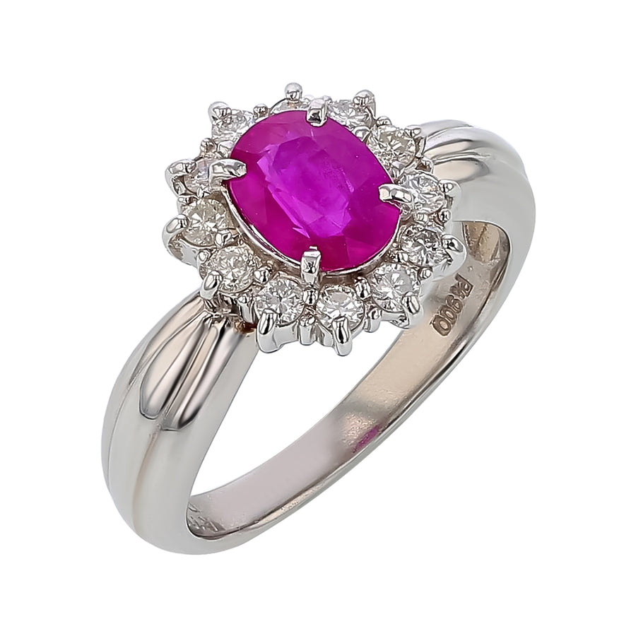1.17ct Oval Burma Ruby and 0.32ct Diamond Halo Ring in Platinum, size 6