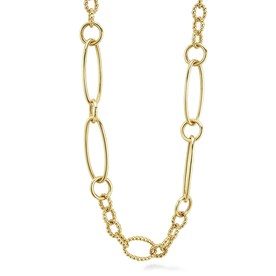 Signature Caviar Fluted and Smooth Oval Link Necklace in 18K Yellow Gold, 20"