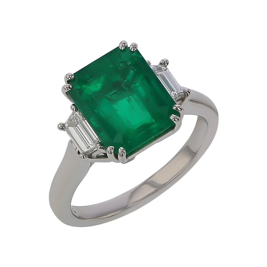 4.38ct Emerald and 0.50ct Diamond 3-Stone Ring in Platinum, Size 6.25