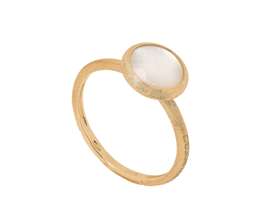 Jaipur Color Mother of Pearl Hand Engraved Stackable Ring 18K Yellow Gold, size 7