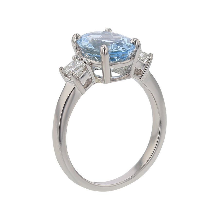 2.24ct Oval African Aquamarine and 0.32ct Princess Cut Diamonds Three Stone Ring in Platinum, Size 6