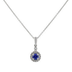 0.54ct  Round Sapphire and 0.14ct Full Cut Diamonds Halo Pendant in 14K White Gold, 18"