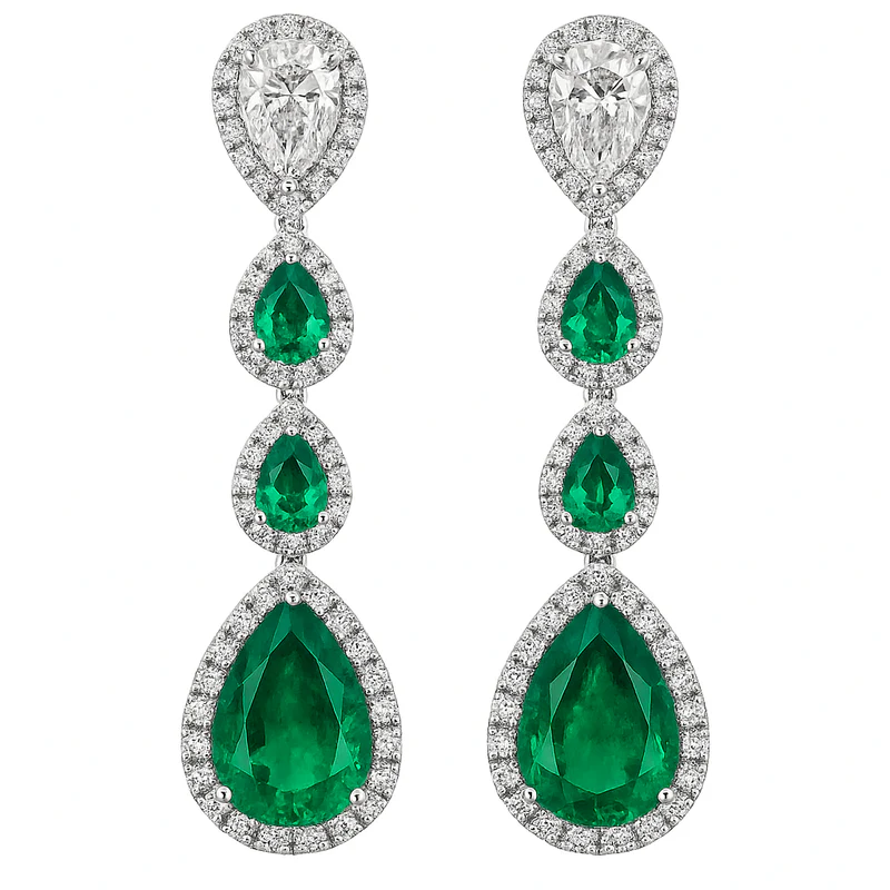 6.88ct Pear Shape Emerald, 2.25ct Pear Shape and Round Diamond Halo Drop Earring in 18K White Gold