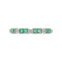 0.30ct Princess Cut Emerald and 0.12ct Diamond VS Milgrain Edge Ring in 14K White Gold, Size 6.5