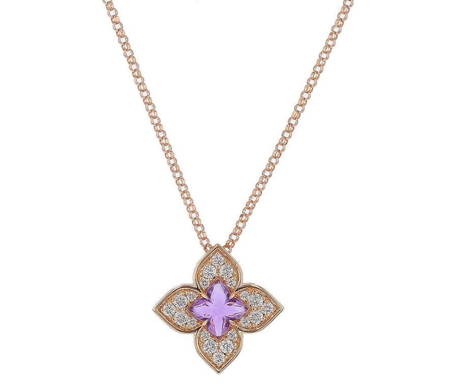 Venetian Princess 0.17ct Diamond and 0.40ct Amethyst Flower Pendant in 18K Rose Gold, 17" chain