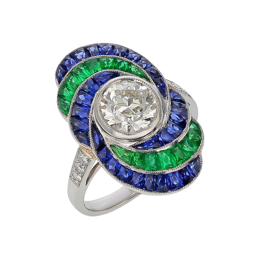 3.85ct Sapphire, 1.41ct Emerald and 1.43ct Diamond Swirl Ring in Platinum, size 6.5