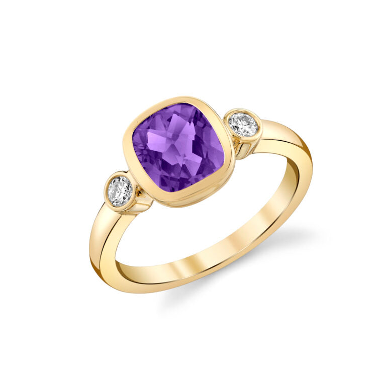 1.65ct Cushion Amethyst and 0.17ct Diamond 3 Stone Ring in 14K Yellow Gold, size 6.5