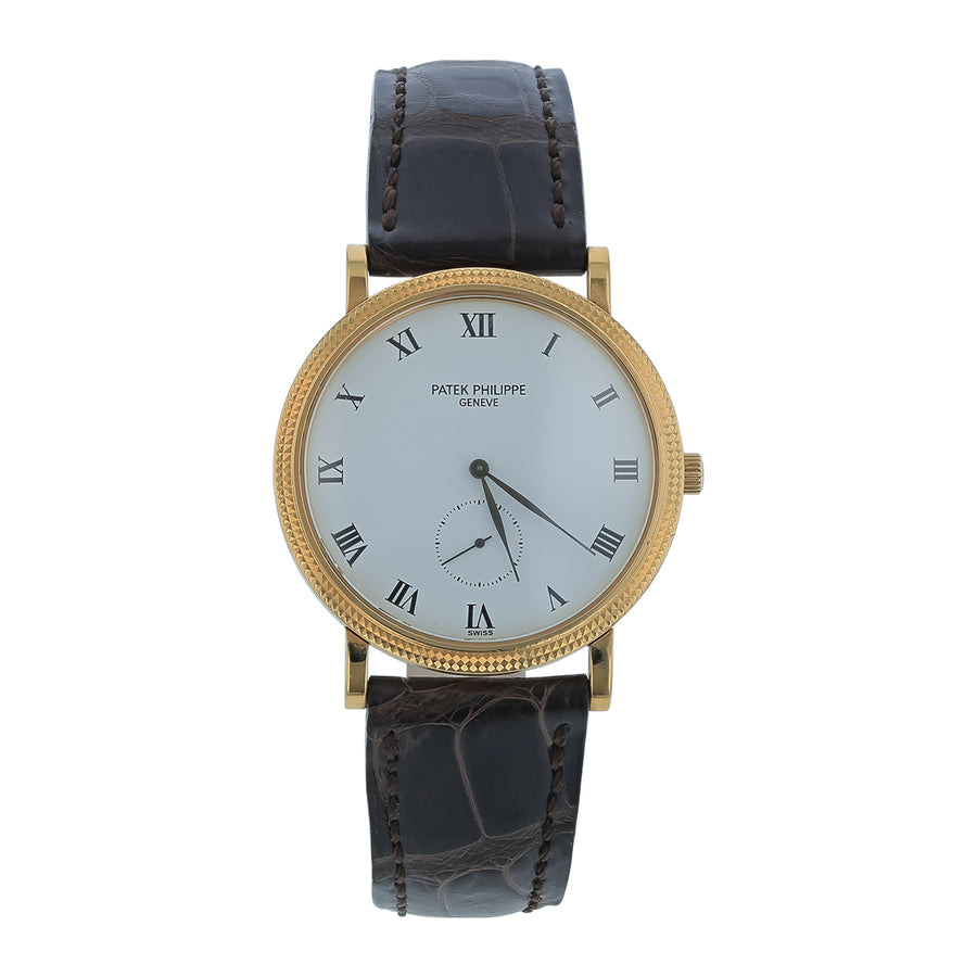 34mm Patek Phillipe Calatrava Watch with White Dial in 18k Yellow Gold, Strap