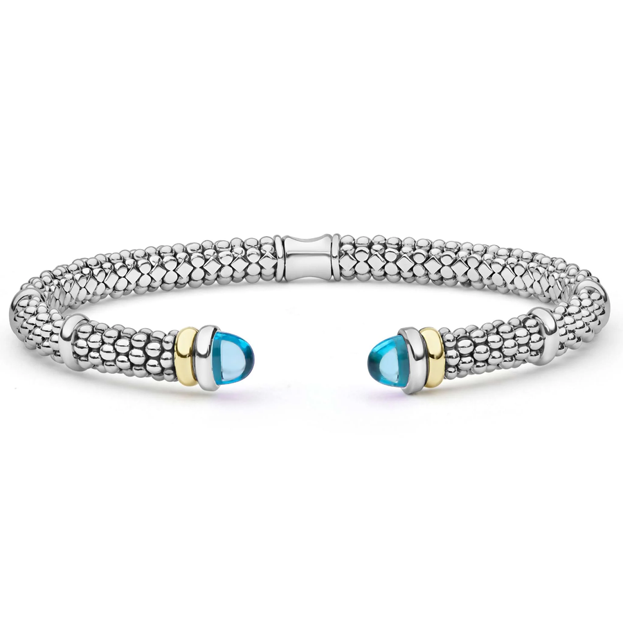 Signature Caviar Blue Topaz 5mm Versa Cuff Bracelet in 18K Yellow Gold and Sterling Silver, size medium