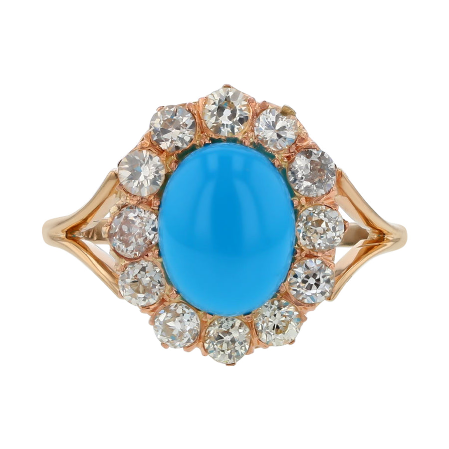 2.75ct Cabochon Turquoise and 1.85ct Round Diamond Halo Ring 14k Yellow Gold, size 7.5