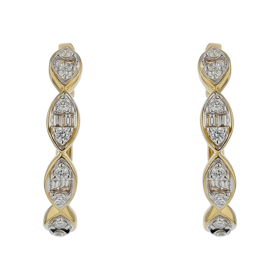 0.59ct Round and Baguette Diamond Prong Set Hoop Earrings in 14K Yellow Gold