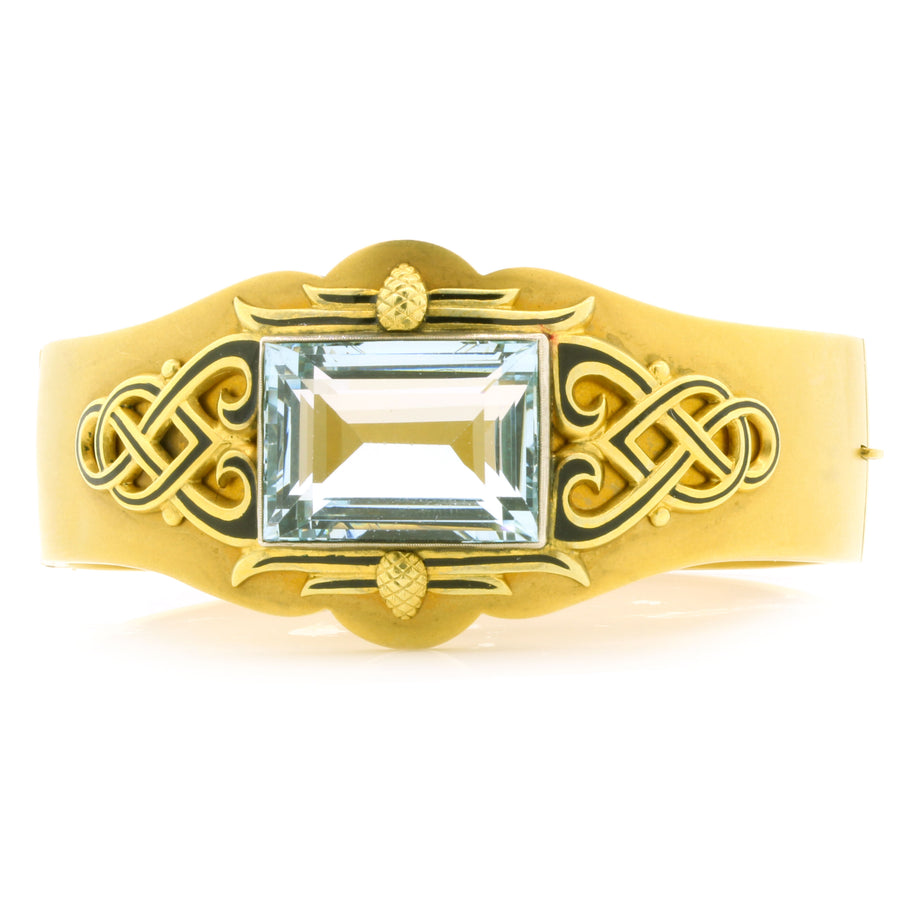 27.20ct Emerald Cut Aquamarine Scroll Design Center Bangle with Black Enamel Pineapple Accents in 14K Yellow Gold
