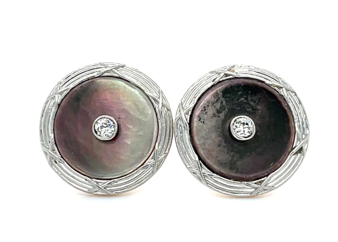 0.12ct Diamond and Mother of Pearl Art Deco Stud Earrings in Platinum and 18K Yellow Gold