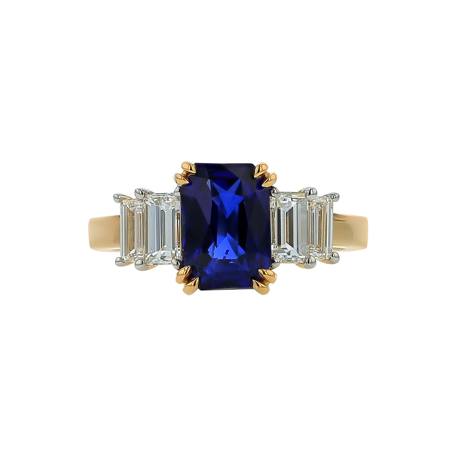 2.59ct Emerald Cut Sri Lankan Sapphire and 0.98ct Diamond 3 Stone Ring in 18K Yellow Gold, size 6.75