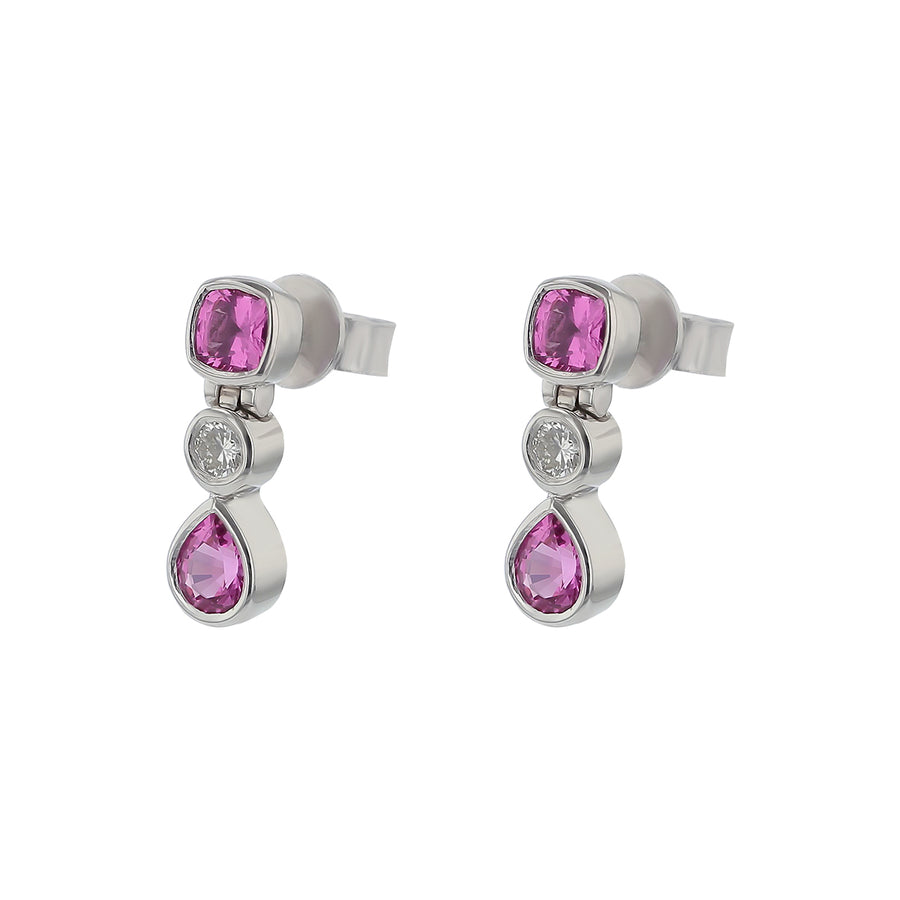 0.66ct Cushion Tanzanian Pink Spinels 0.19ct Round Diamonds and 0.69ct Tanzanian Pear Shaped Hot Pink Spinel Drop Earrings in 18k Palladium White Gold