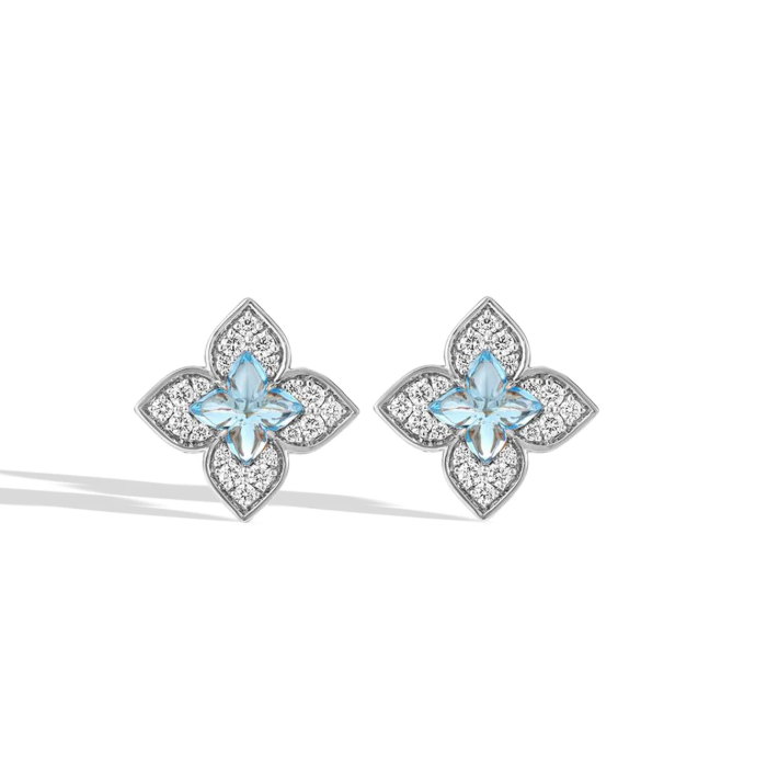 Venetian Princess 0.85ct Blue Topaz and 0.38ct Diamond Flower Stud Earrings in 18K White Gold