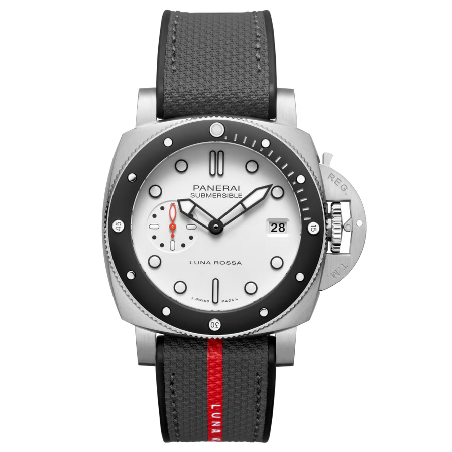 42mm Submersible Luna Rossa Watch with White Dial in Brushed Steel, Grey Strap