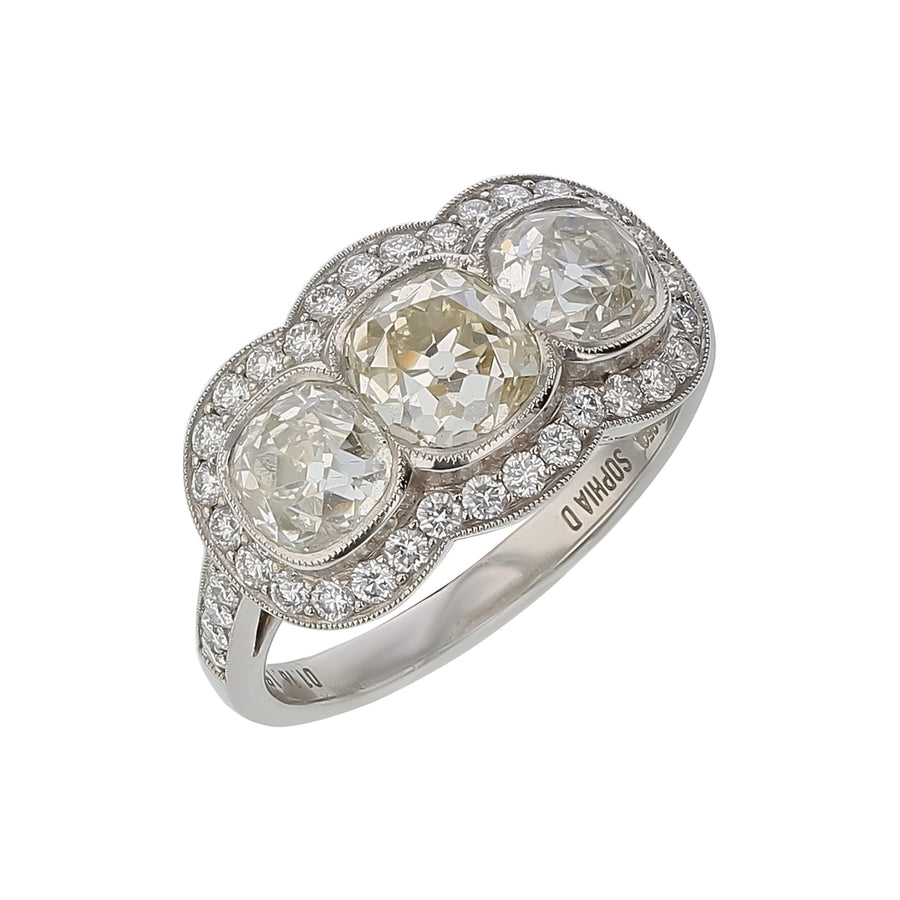3.14ct OMC Diamond 3-Stone Halo Ring in Platinum, Size 6.25