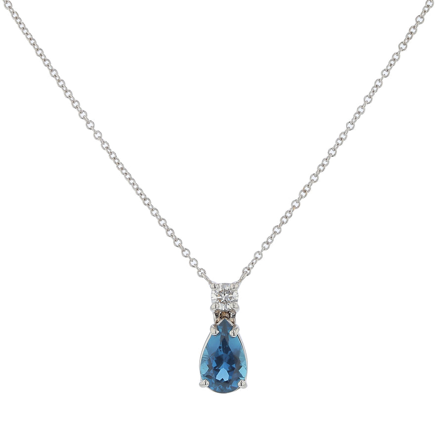 1.59ct Pear Shaped Brazilian Indicolite and 0.20ct Round Brilliant Diamond Pendant  in 18k White Gold, 18" Chain
