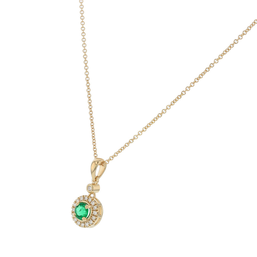 0.48ct 5mm Round Zambian Emerald and 0.17ct Full Cut Diamonds Halo Pendant Necklace on 18" Chain in 14k Yellow Gold