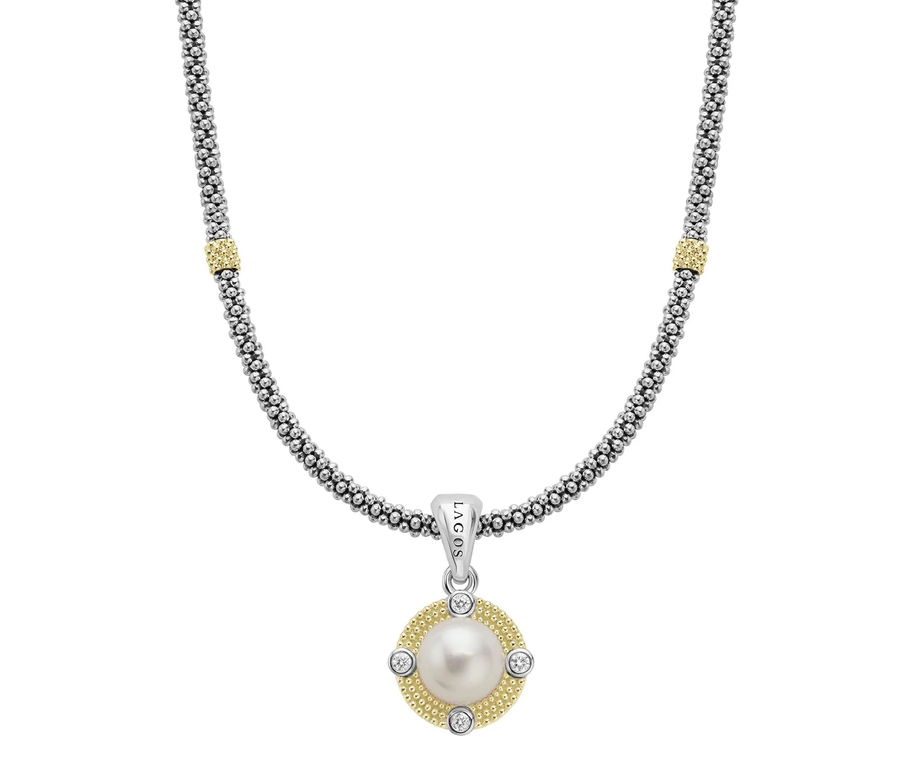 0.13ct Diamond and 9mm Pearl Luna Pendant in Sterling Silver and 18K Yellow Gold on 18" Chain