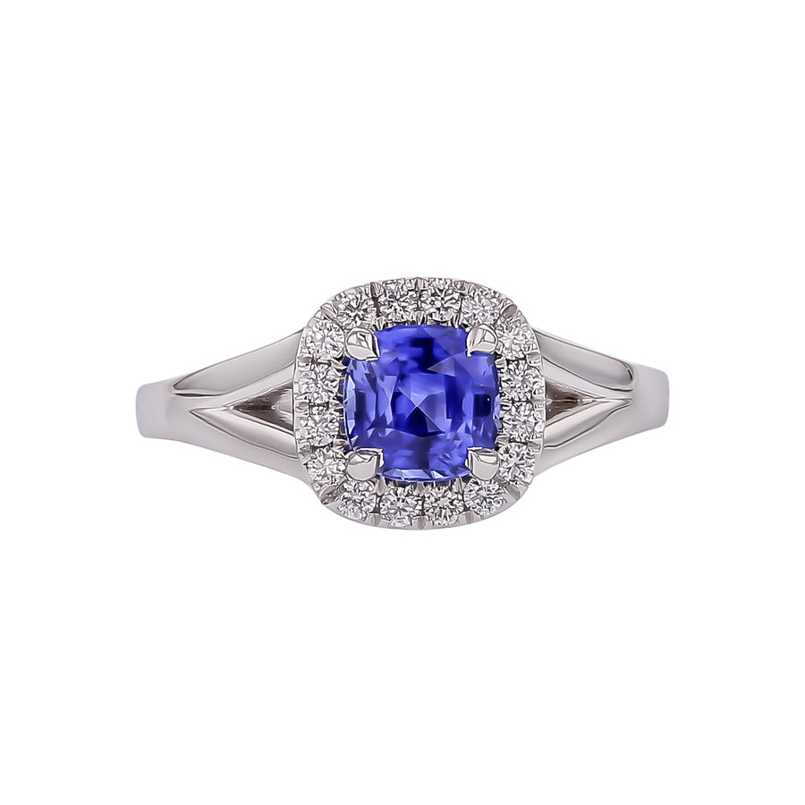 1.20ct Cushion Sri Lankan Sapphire and 0.20ct Diamond Halo Ring in Platinum, size 6