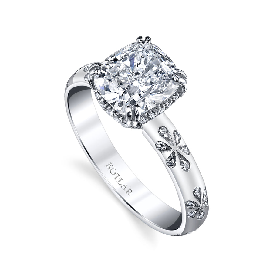 Floral Artisan 1.50ct Cushion Diamond and 0.30ct Diamond Ring in Platinum size 6.25