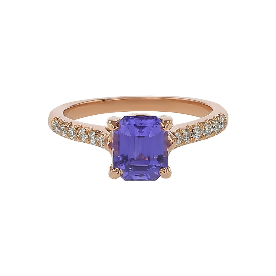 2.10ct Emerald Cut Sri Lankan Violet Sapphire and 0.19ct Diamond Ring in 20K Rose Gold, Size 6.5