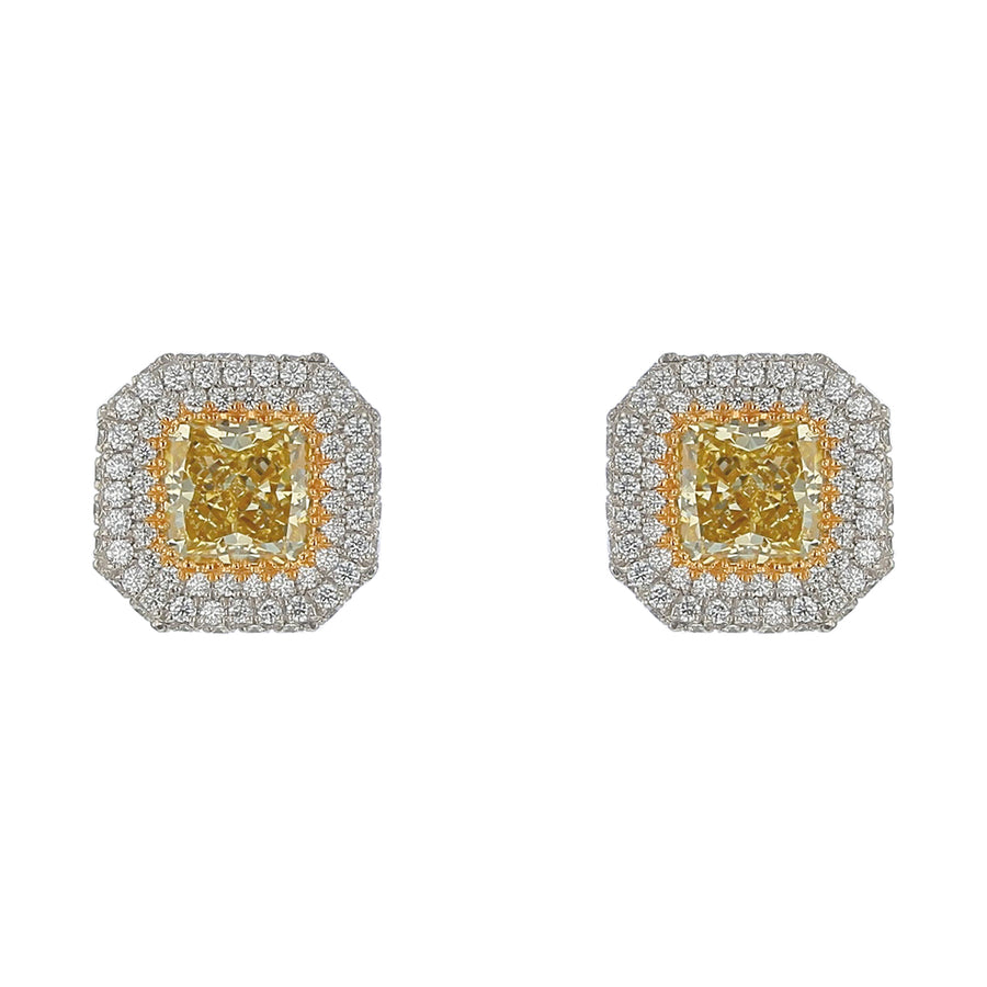 Pave Radiant Diamond and Diamond Stud Earrings in Platinum and 18K Yellow Gold